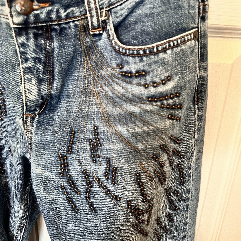 VTG Express Women's Jeans Sz 7 / 8 Denim Bronze Beads Mid Rise Bootcut Jeans Y2K - Picture 6 of 16
